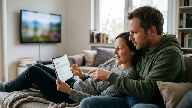 Paar auf dem Sofa schaut gemeinsam auf ein Tablet