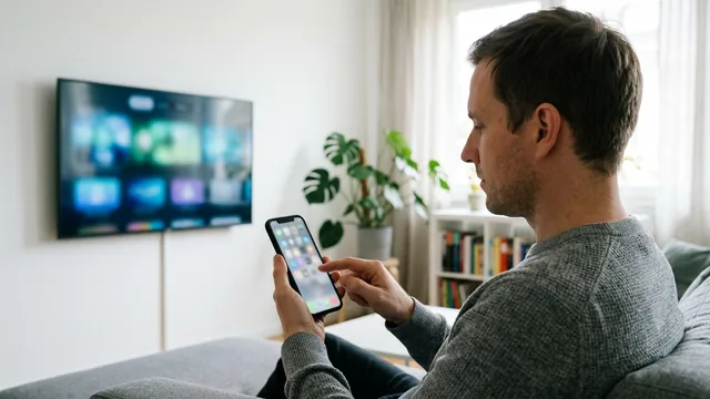 Mann auf dem Sofa schaut auf sein Handy, im Hintergrund der Fernseher