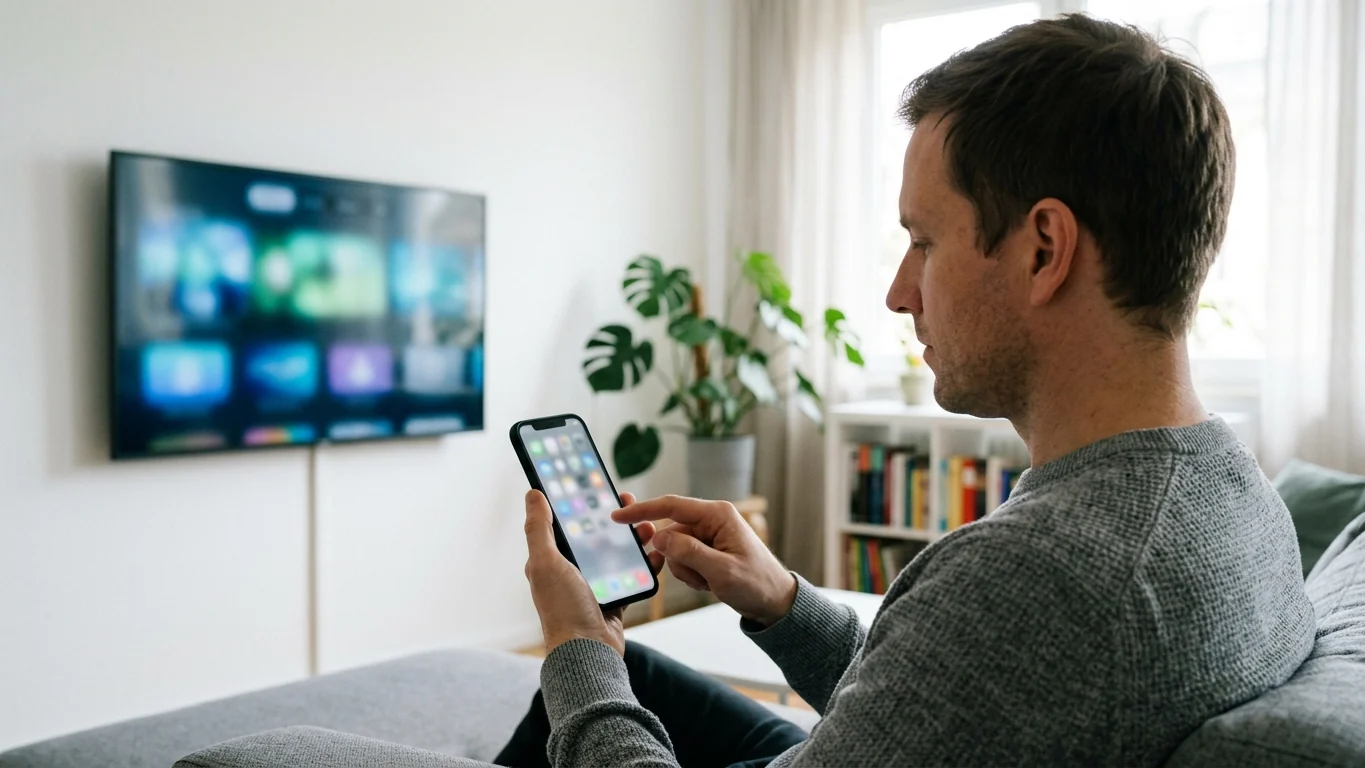 Mann auf dem Sofa schaut auf sein Handy, im Hintergrund der Fernseher