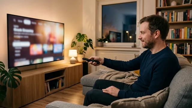Mann sitzt entspannt auf dem Sofa und wählt mit der Fernbedienung ein Programm