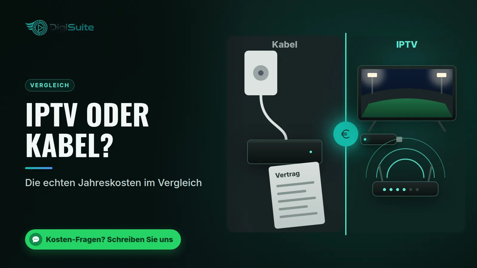 Frau schließt am Fernseher eine TV-Box an, daneben der Router