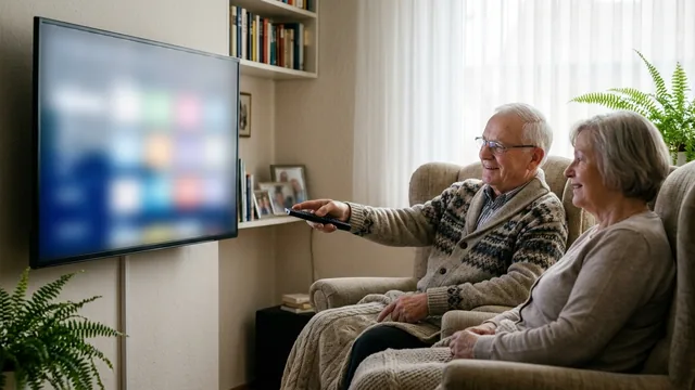 Älteres Paar wählt mit der Fernbedienung ein Programm auf dem Fernseher