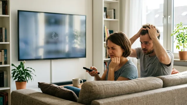 Paar auf dem Sofa ärgert sich über ein Bild, das auf dem Fernseher lädt