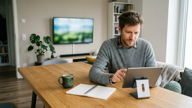 Mann schaut am Esstisch auf ein Tablet, daneben ein Notizbuch