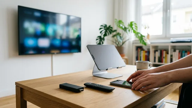 Streaming-Stick, Fernbedienung und Handy auf dem Tisch, im Hintergrund der Fernseher