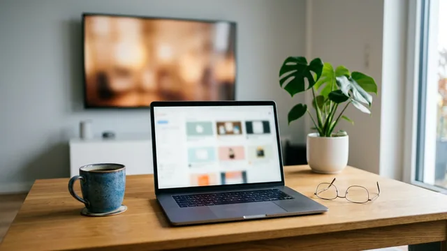 Laptop auf dem Holztisch, im Hintergrund der Fernseher
